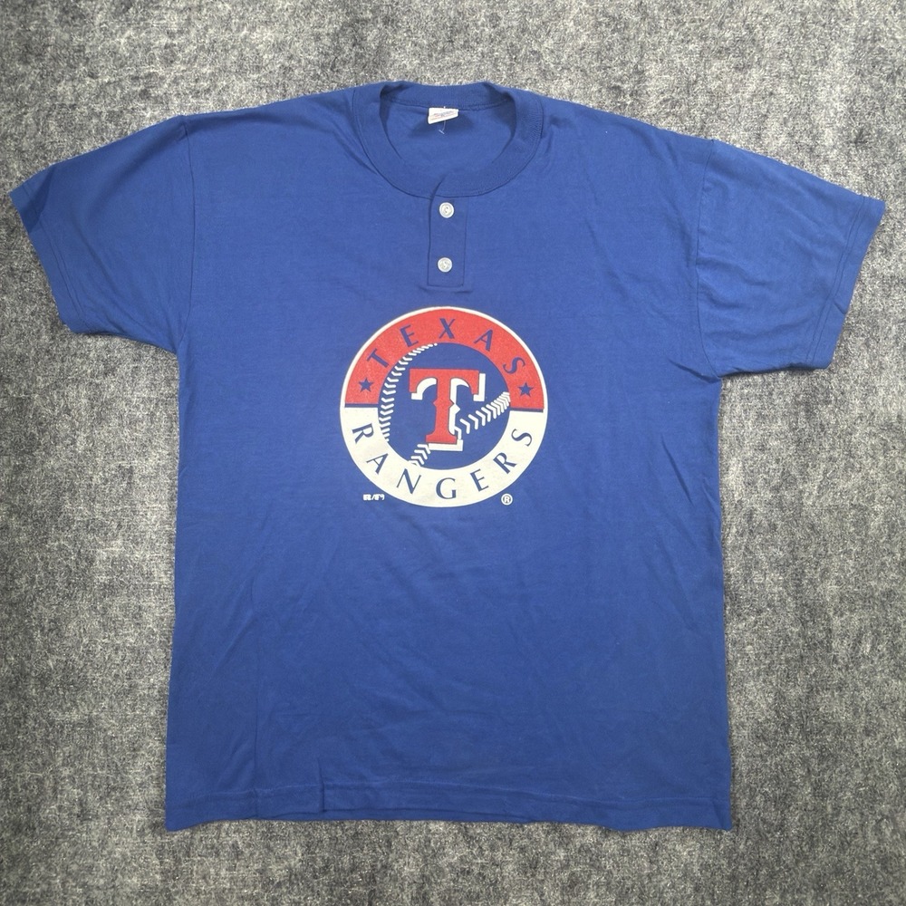 Vintage Russell Athletic Texas Rangers Henley T Shirt Mens M Blue MLB #8 90s
